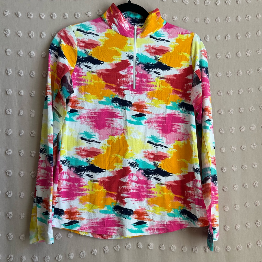 Ibkul Women’s Mock Neck Long Sleeve Sun Shirt Paint Stroke Abstract Sz S